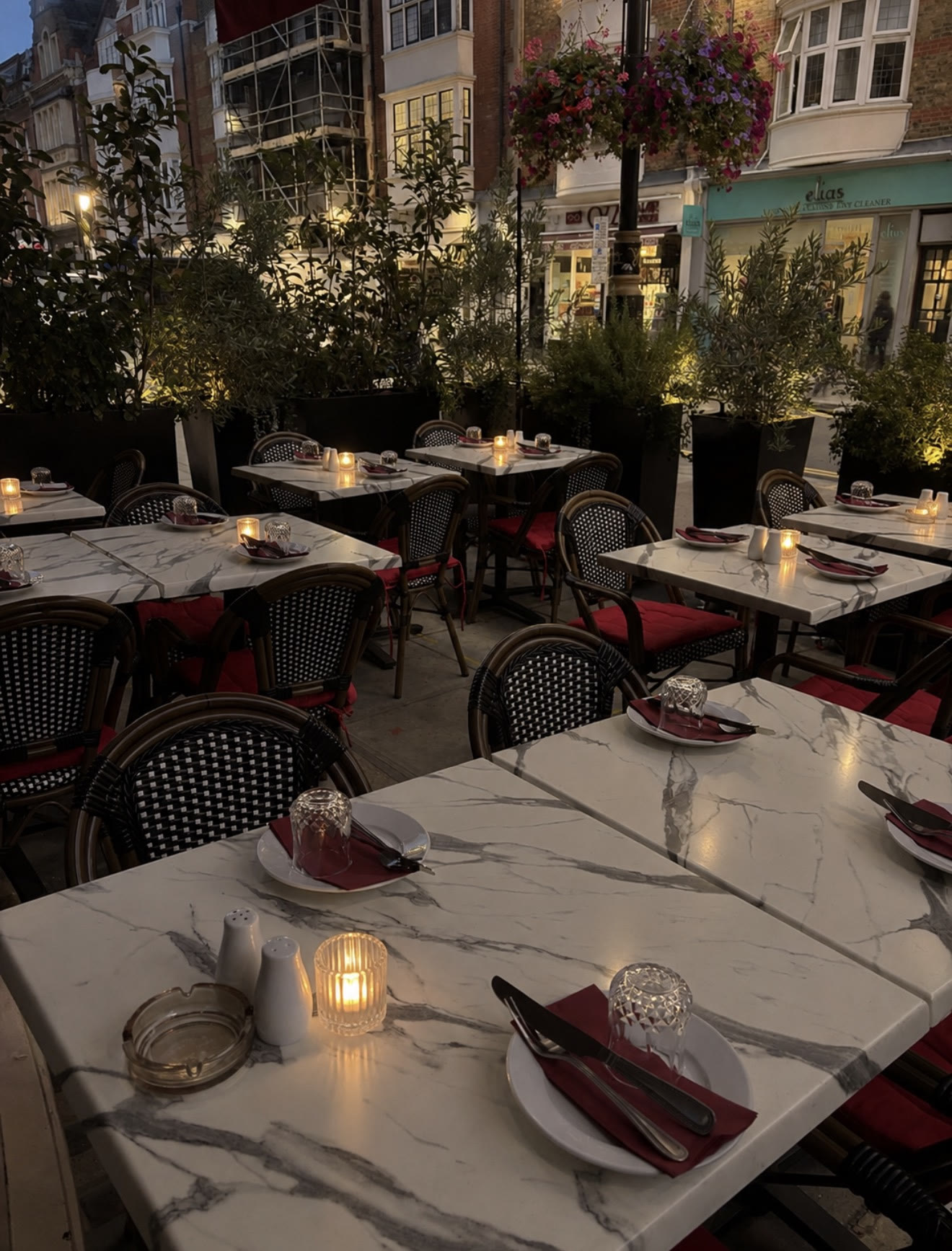 Our candlelit terrace on St John's Wood High Street in the evening